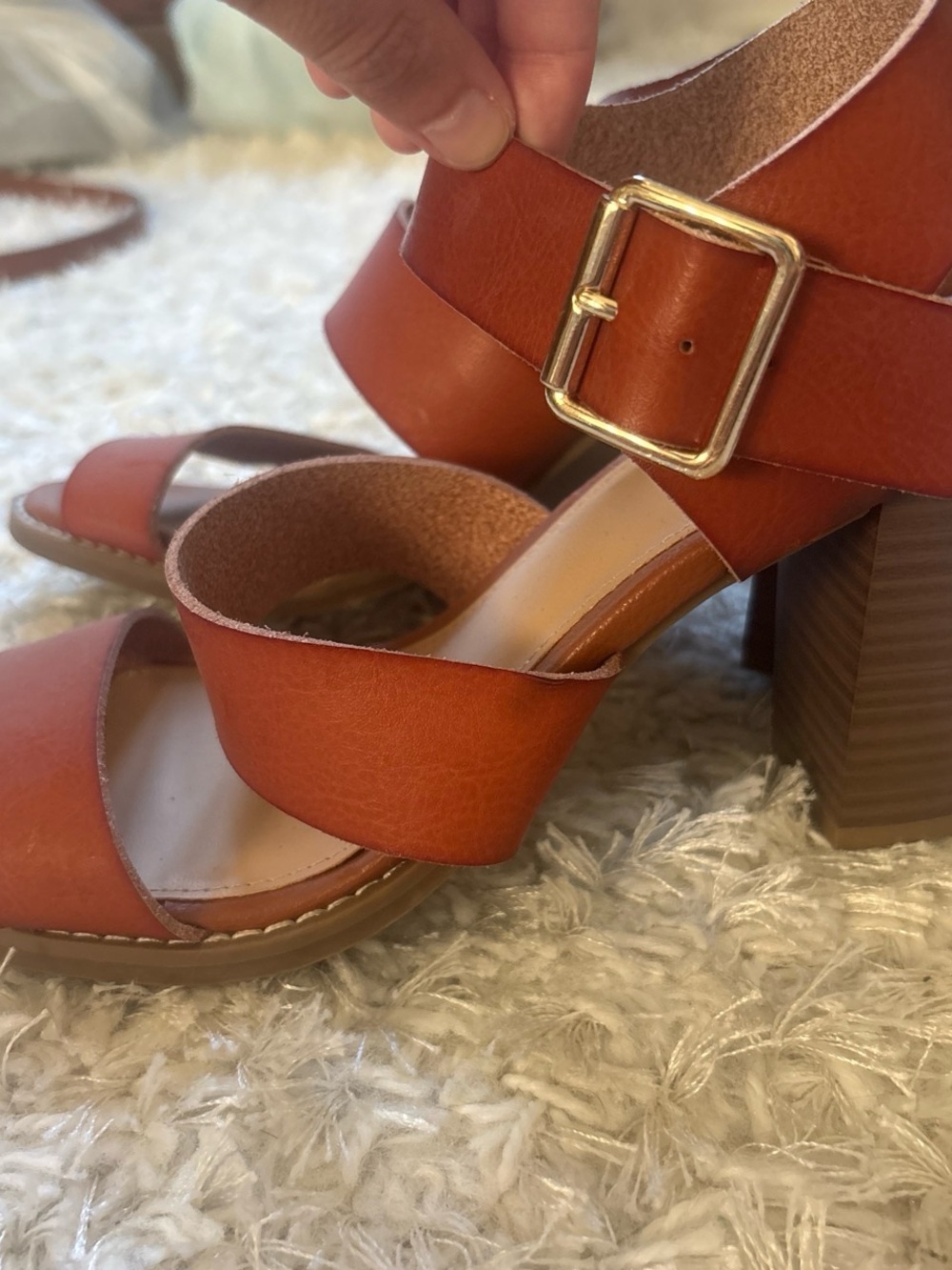 Old Navy Women's Tan Block Heel Sandals with Gold Buckle